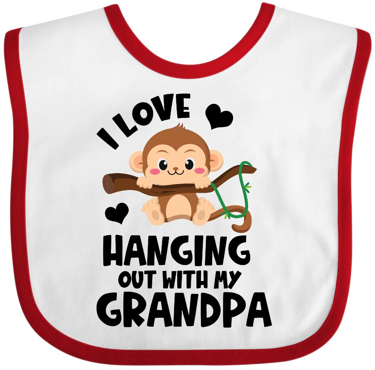inktastic Monkey I Love Hanging Out with My Grandpa bib in white and red, soft and comfy during meals.
