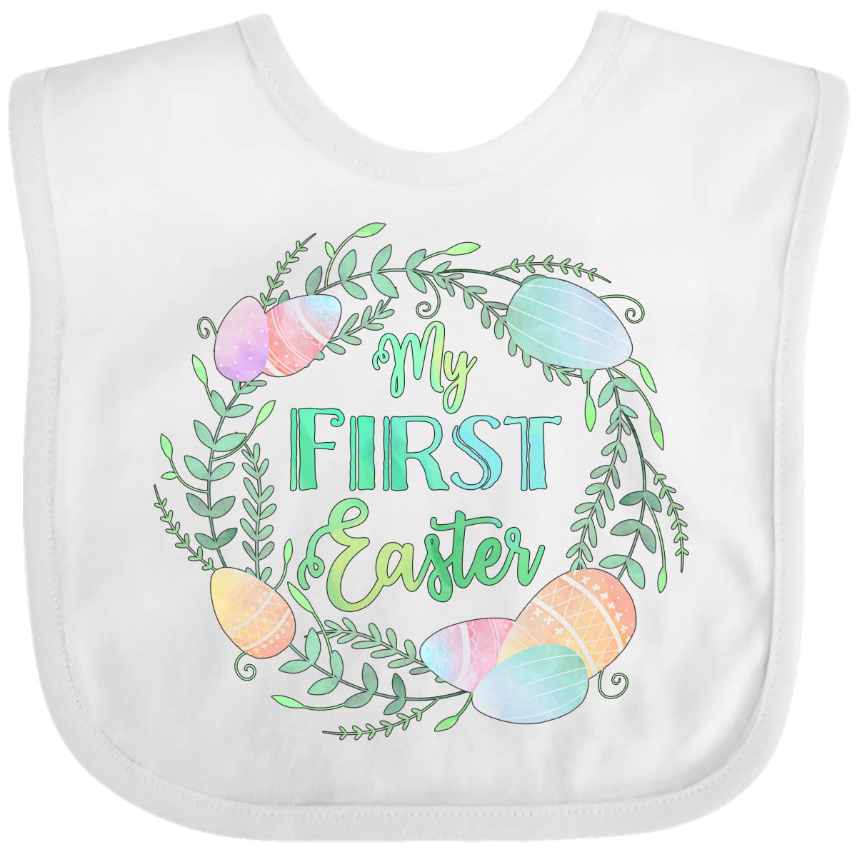 inktastic My First Easter Pastel Wreath Baby Bib front view, soft ring-spun cotton for comfort