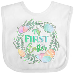 inktastic My First Easter Pastel Wreath Baby Bib front view, soft ring-spun cotton for comfort