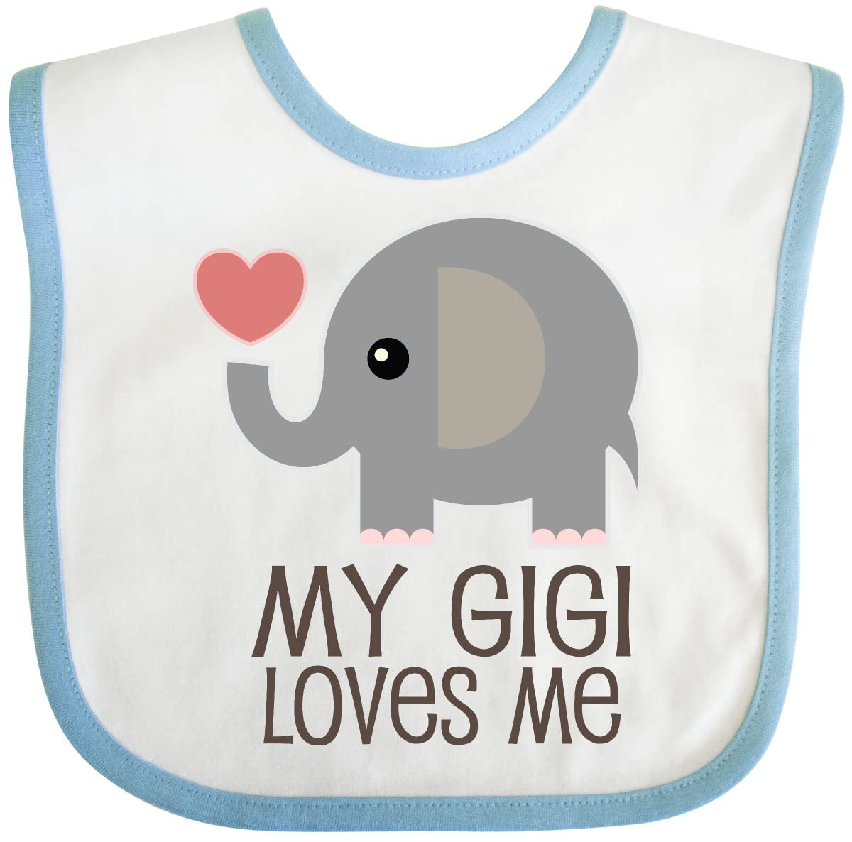 inktastic My Gigi Loves Me grandchild bib white and blue front view with soft cotton for comfy meals