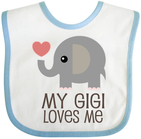inktastic My Gigi Loves Me grandchild bib white and blue front view with soft cotton for comfy meals