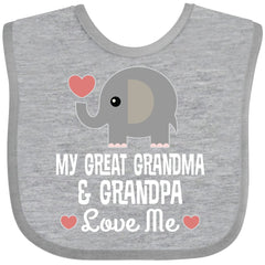 inktastic My Great Grandma and Great Grandpa Love Me bib with elephant design and loving quote.