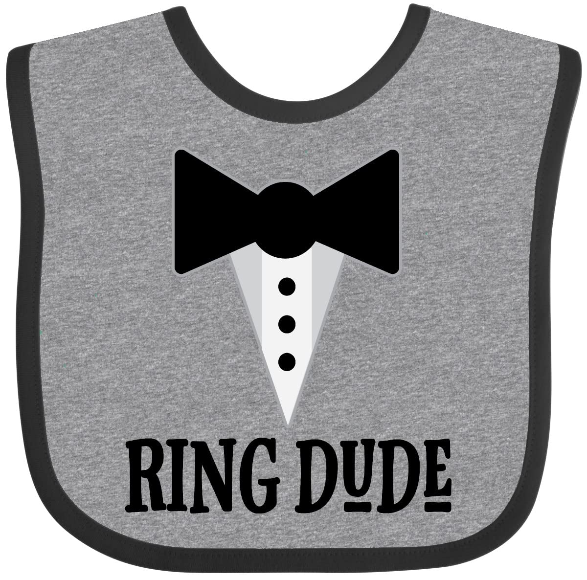 Inktastic Ring Dude bib with tuxedo bowtie on Heather Black keeps little ring bearer clean.