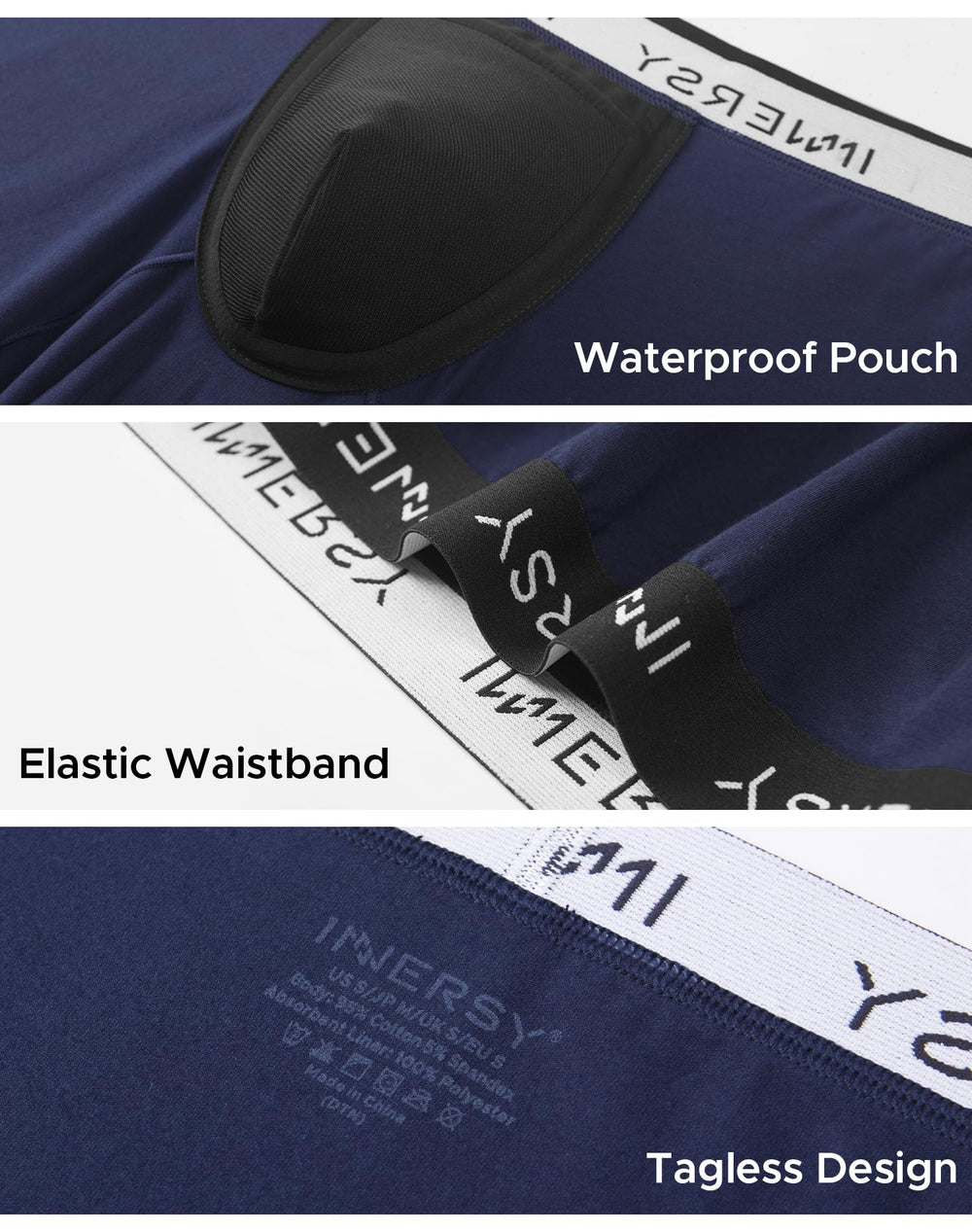 INNERSY dark-blue fabric close-up shows soft cotton texture.