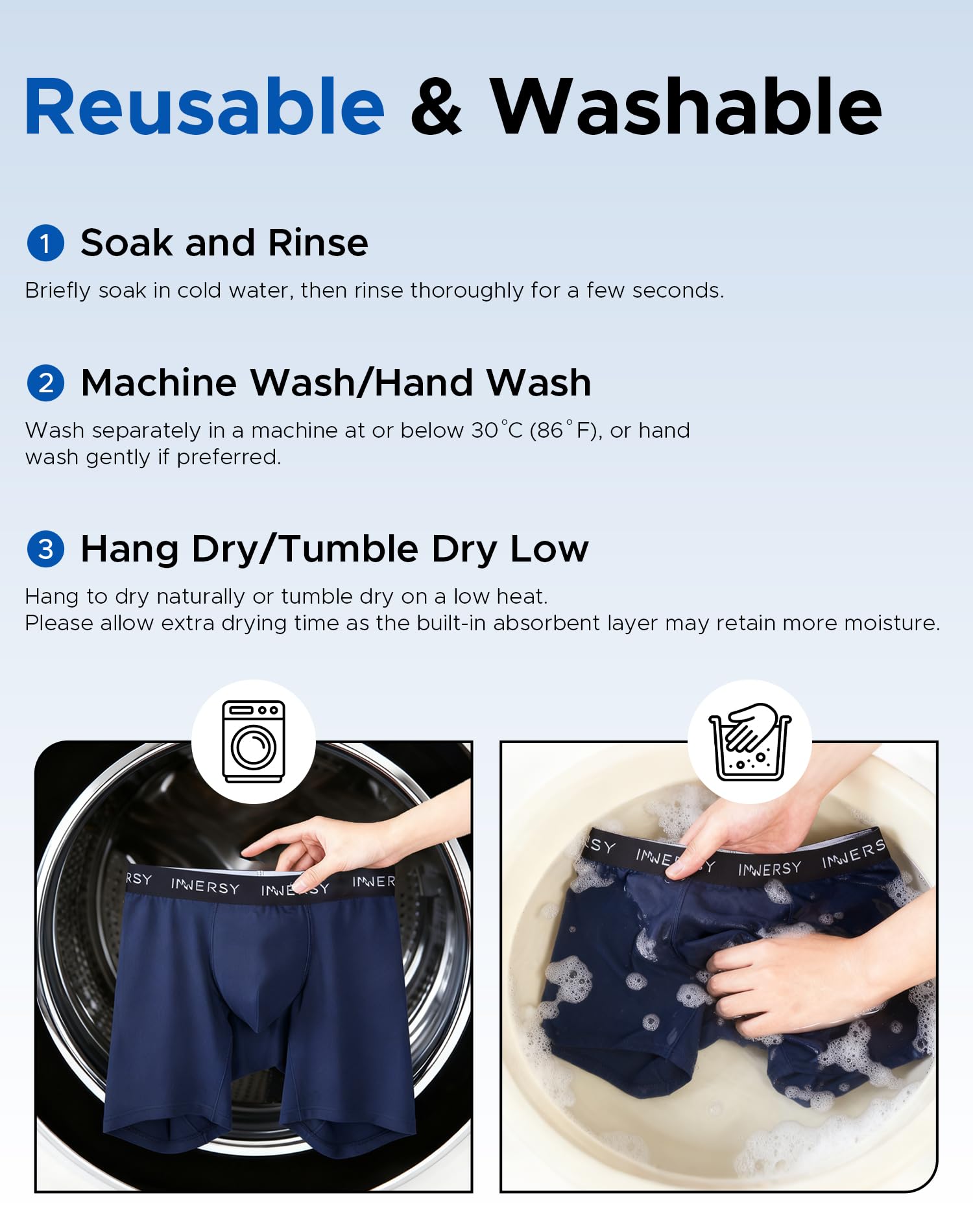 INNERSY box with label showing machine-wash friendly care.