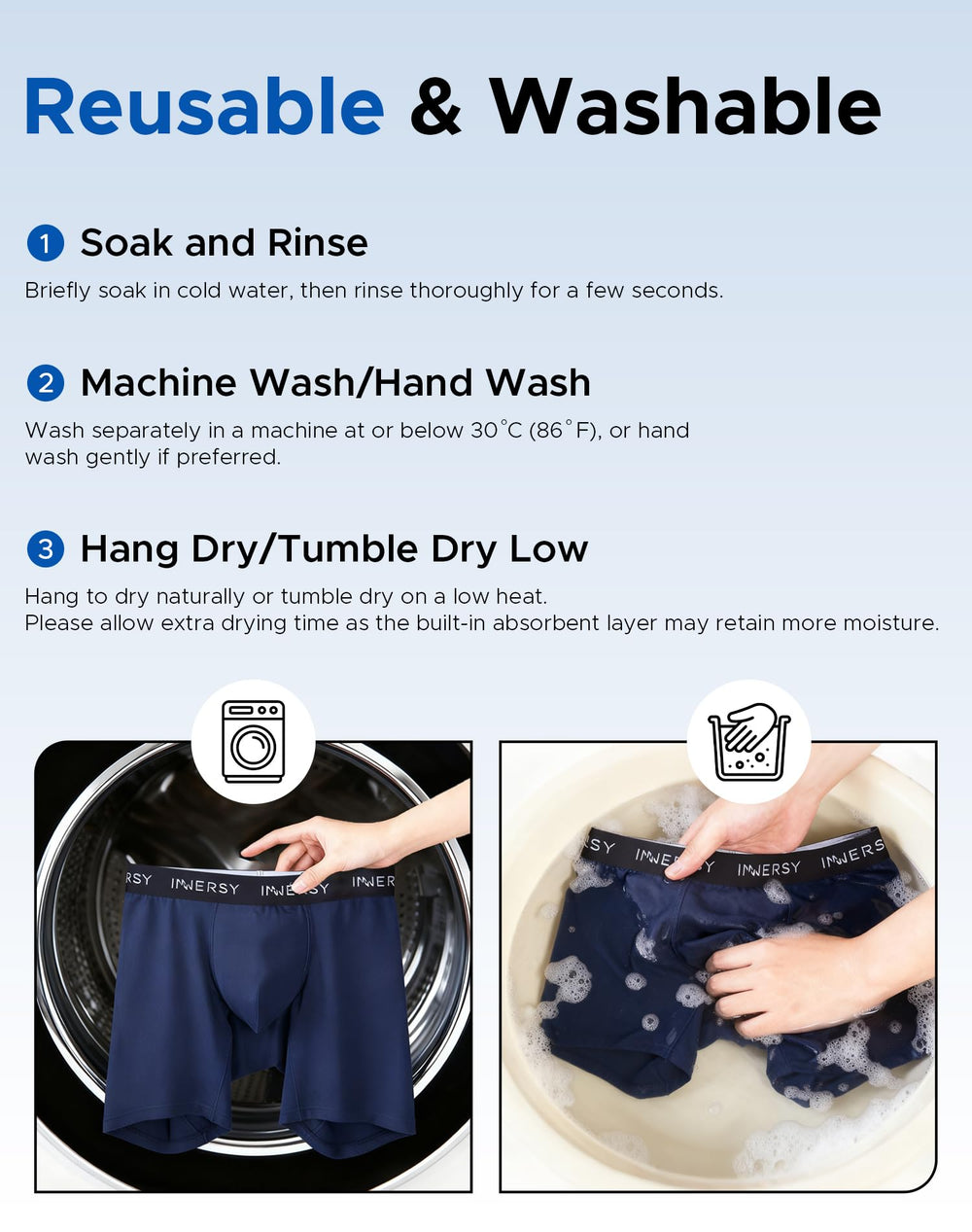 INNERSY box with label showing machine-wash friendly care.