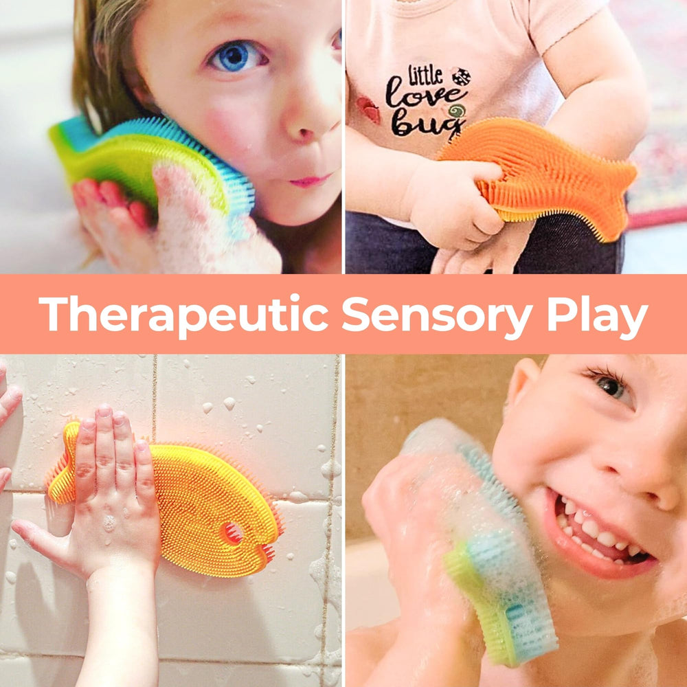 Innobaby Bathin' Smart Fish Scrub pink used as calming bedtime routine aid.