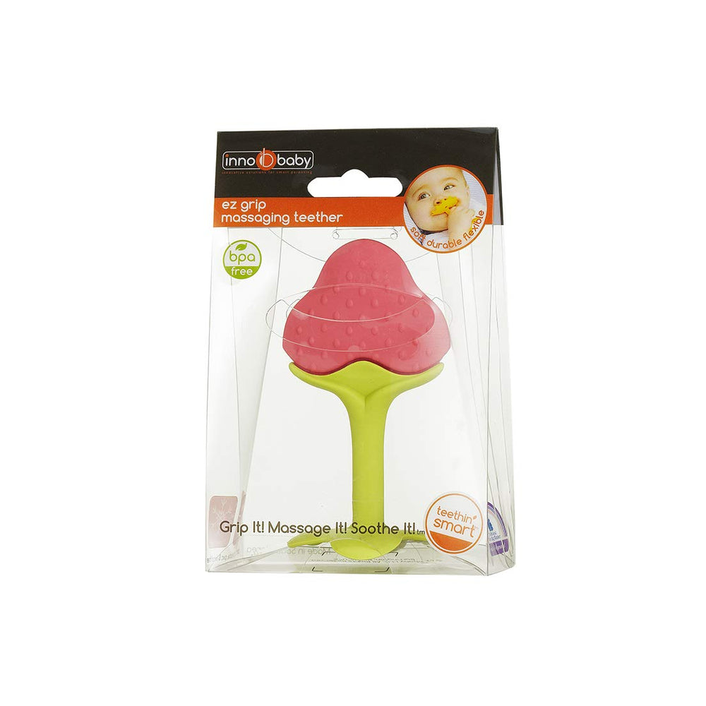 Innobaby Teethin Berry teether features a long surface for soothing front and back teeth.
