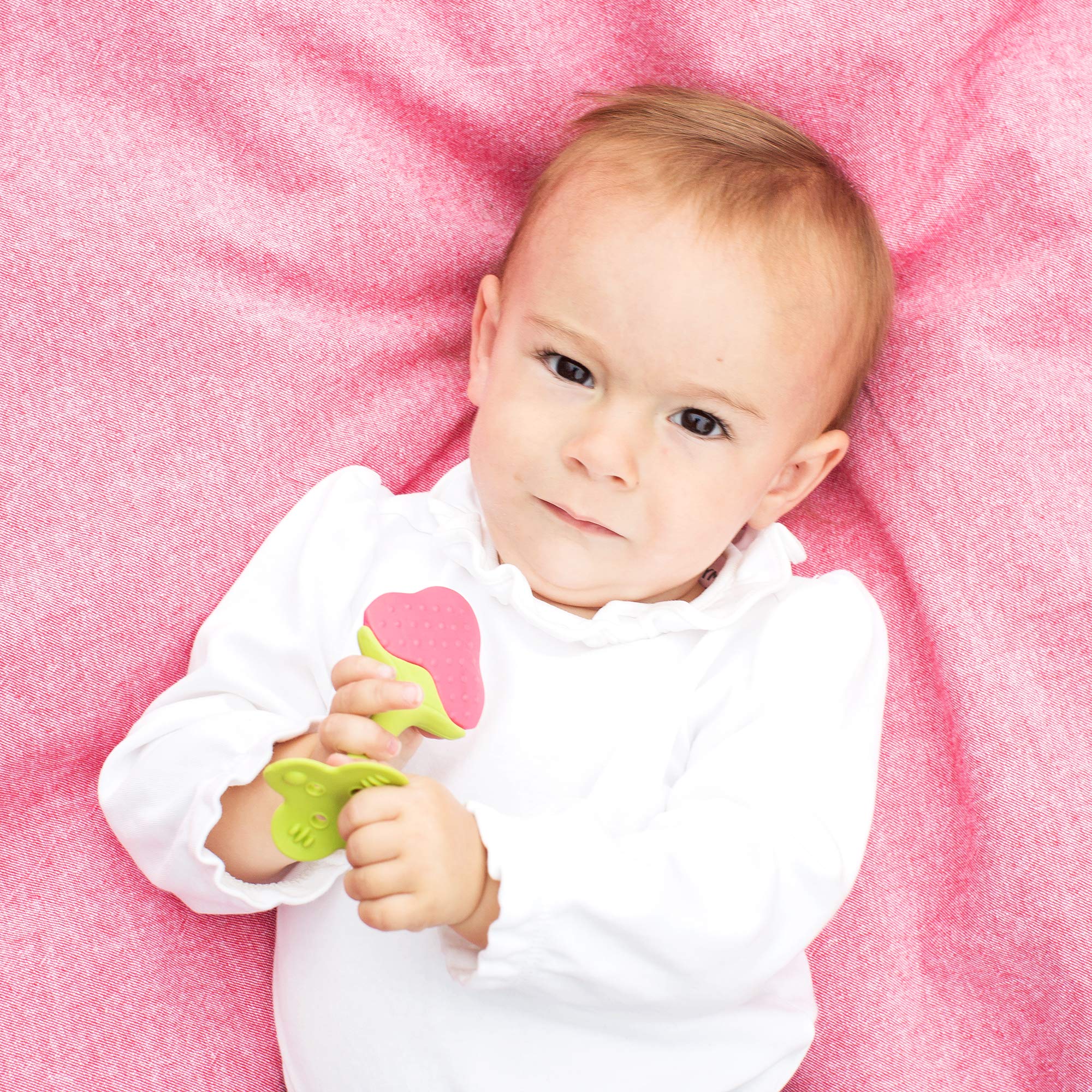 Flexible petal textures on the Berry teether encourage gentle gum massage.