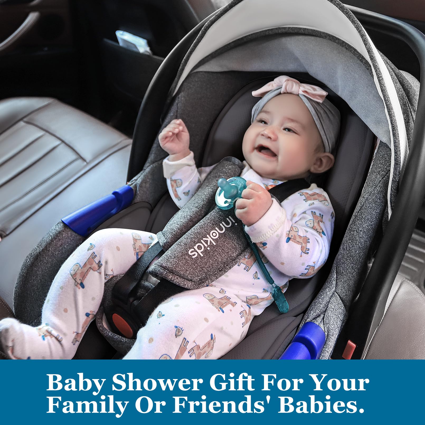 Innokids pillow installed in car seat and stroller for versatile use