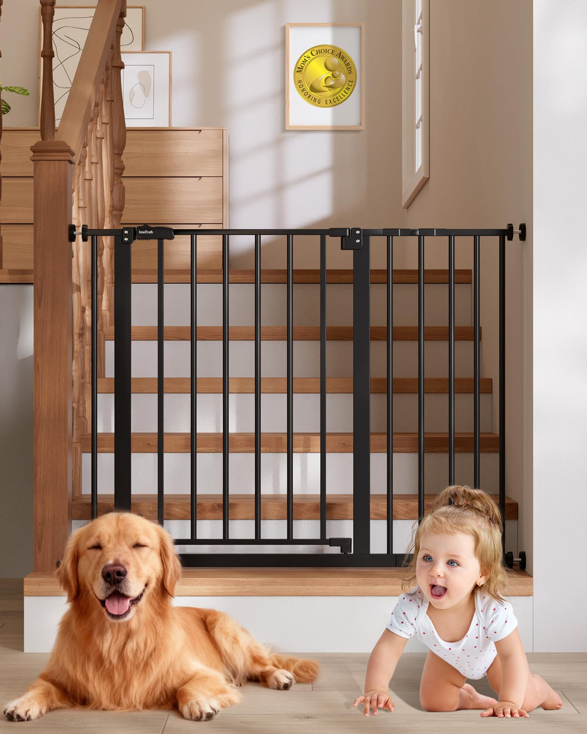InnoTruth baby gate at stairs with dual lock for enhanced safety.