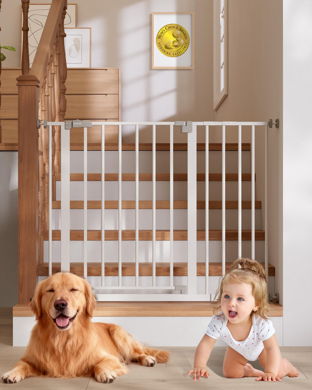 InnoTruth baby gate in white across stairs for safe entry control