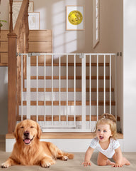 InnoTruth baby gate in white across stairs for safe entry control