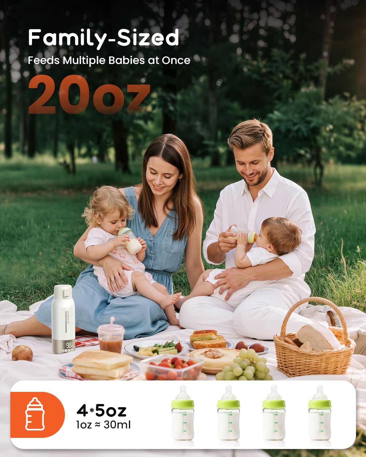 In-use image with baby bottle shows quick heating on the go