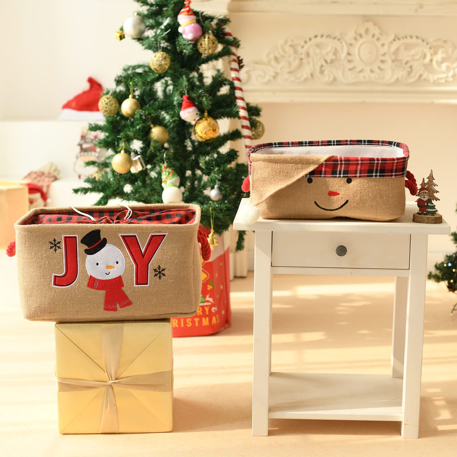 INough Christmas baskets feature water-resistant material protecting decorations and gifts.