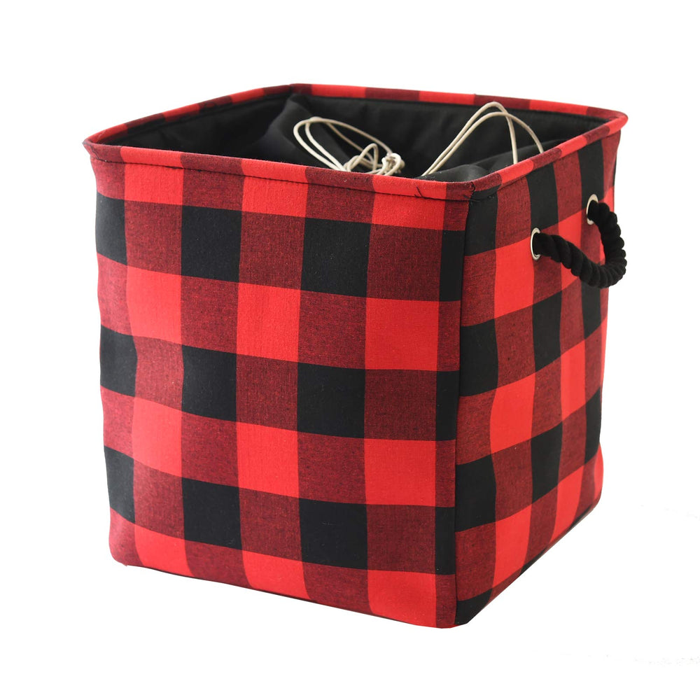 INough Christmas basket buffalo plaid front view for festive storage and gift organization