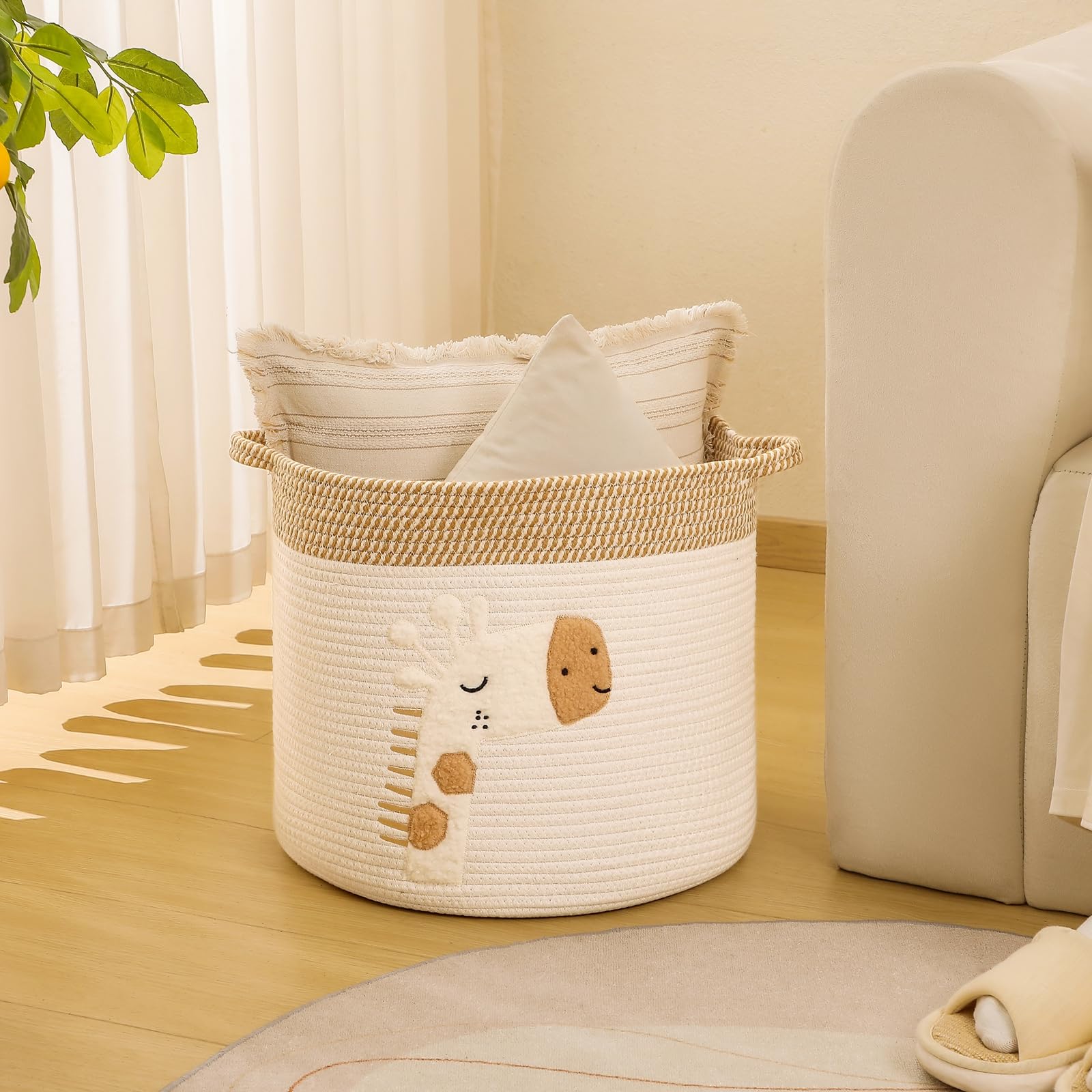 INough large blanket basket with stuffed animals demonstrates ample storage for kids' toys