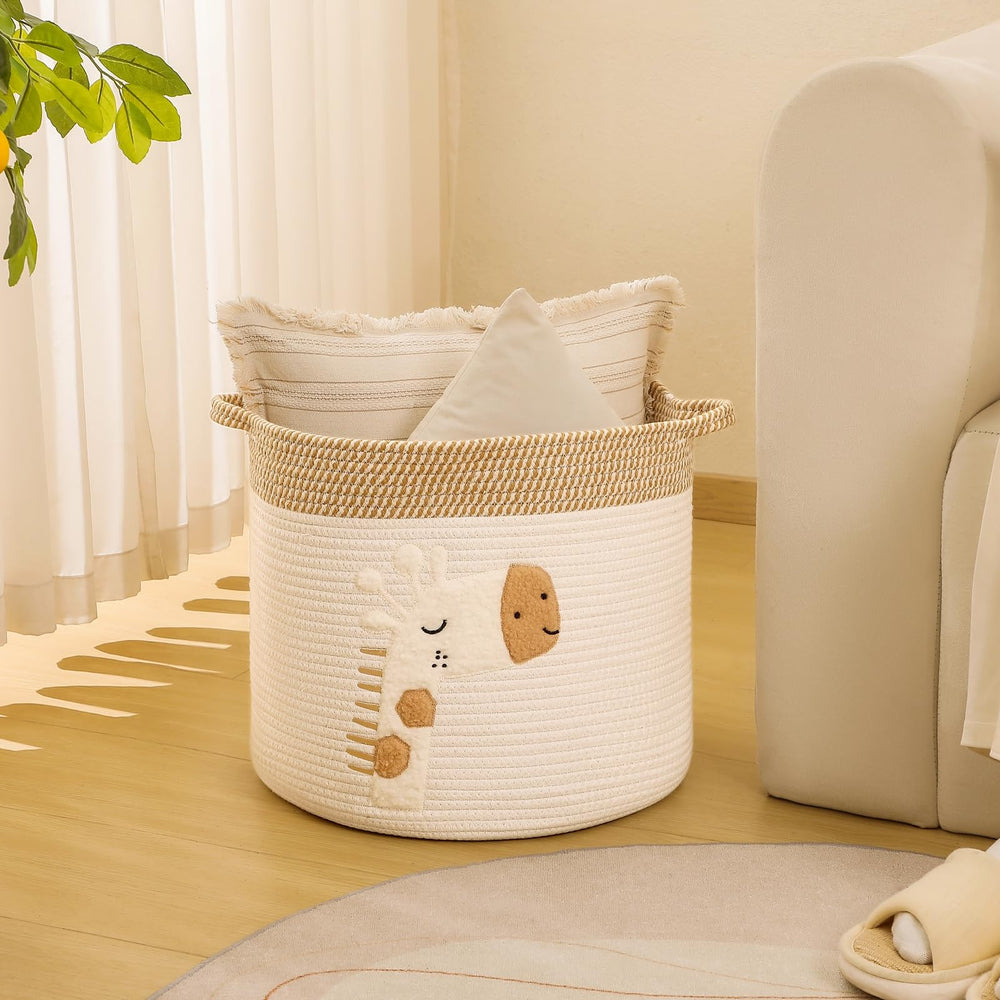 INough large blanket basket with stuffed animals demonstrates ample storage for kids' toys