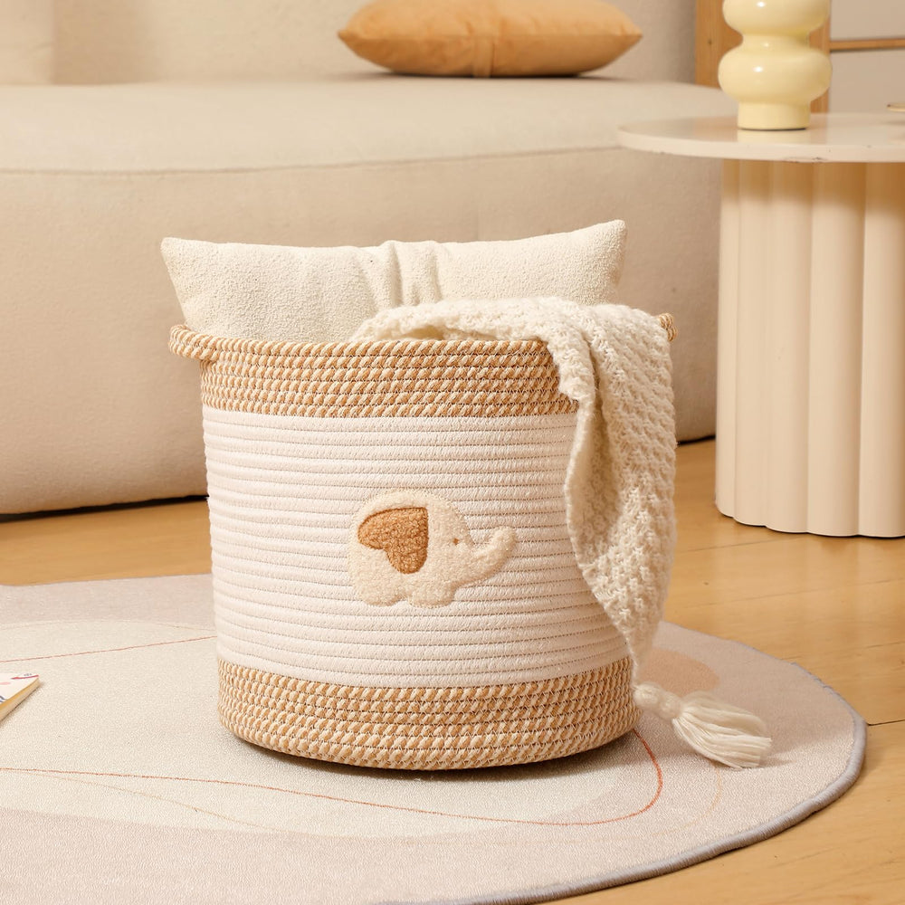 INough playroom basket complements nursery decor while encouraging neat habits.