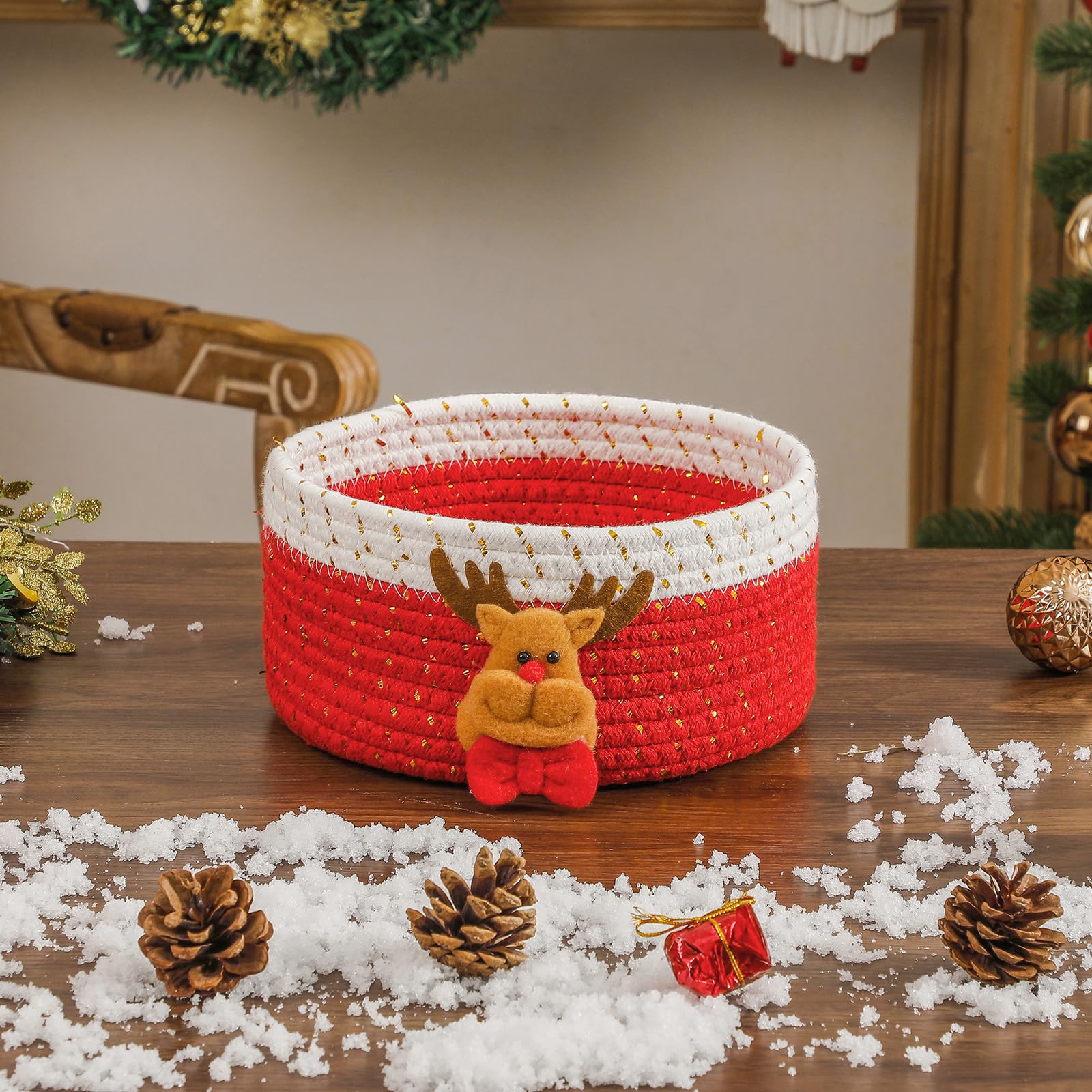 INough compact red basket fits small ornaments and trinkets neatly.
