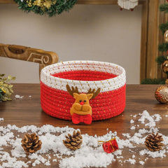 INough compact red basket fits small ornaments and trinkets neatly.
