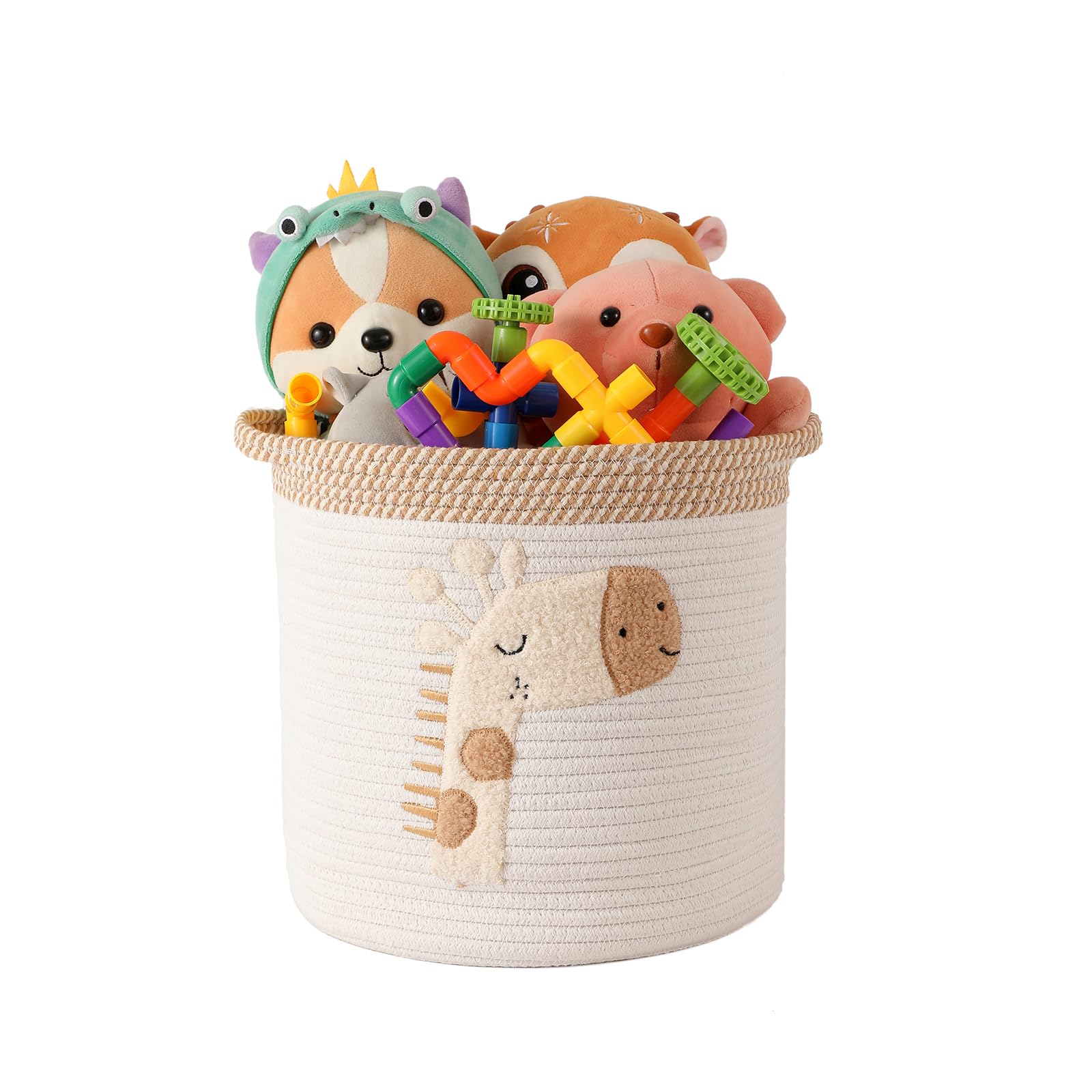 INough toy basket with giraffe embroidery keeps toys organized and safe.