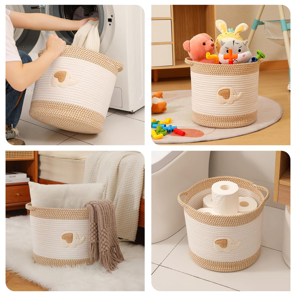 INough toy-bin with handles is easy to move between rooms.