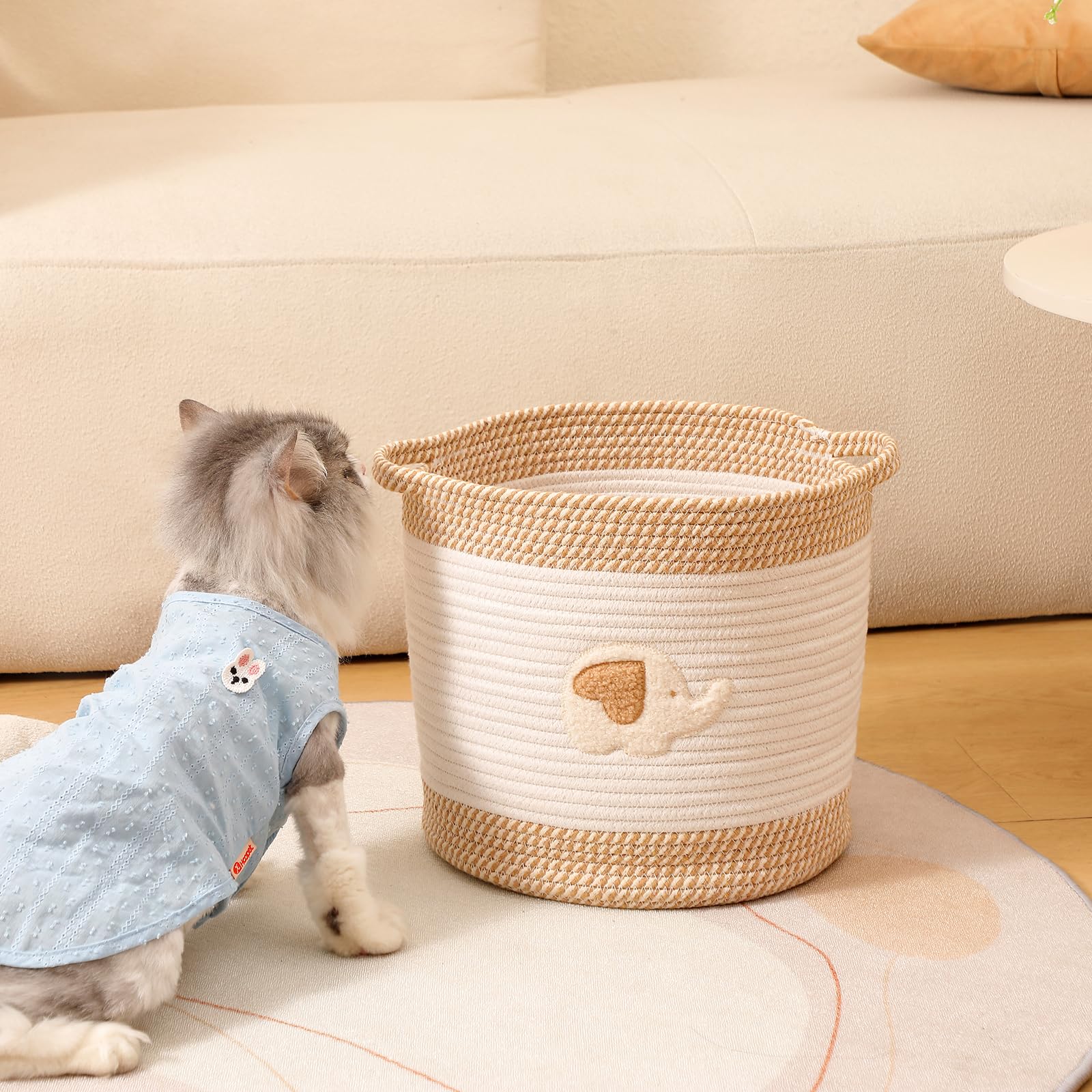INough toy storage basket with embroidery elephant design adds playful decor.