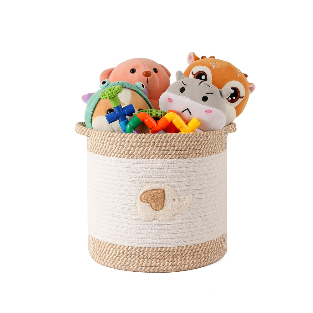 INough toy storage basket in woven cotton rope keeps items organized and safe.