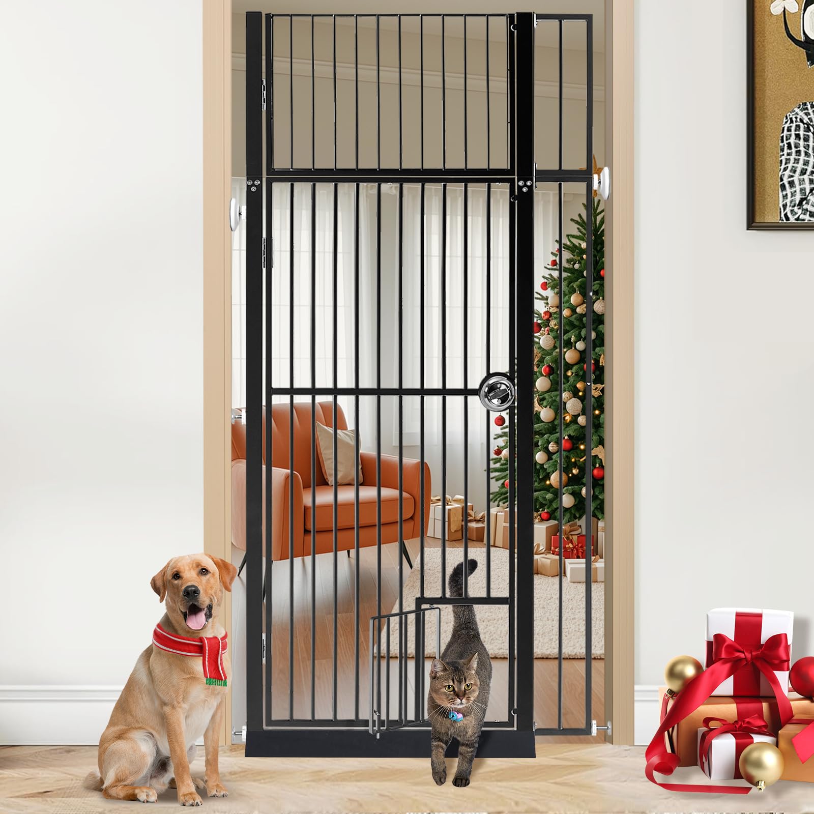 INRLKIT 71in extra tall pet gate front view demonstrates secure doorway protection for pets