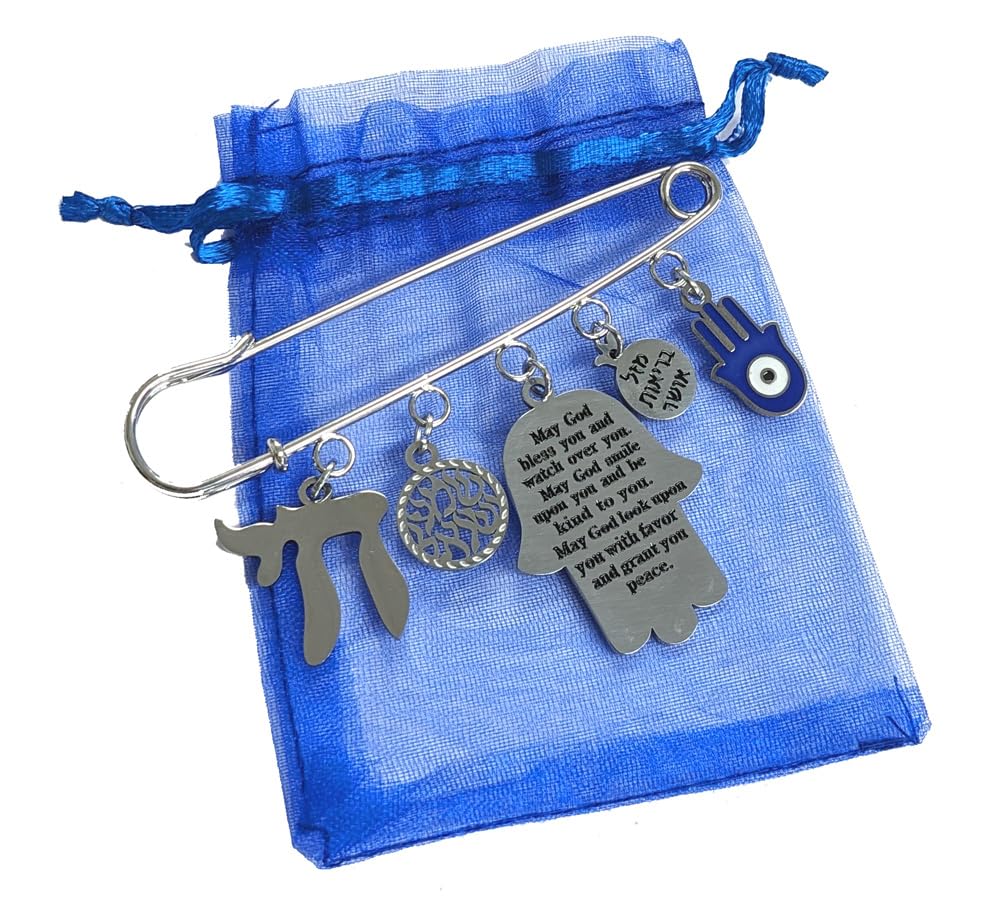 InspiJ safety pin showcases a Chai charm symbolizing life for newborn blessings