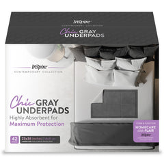 Inspire 42-count underpads packaging showing ready-to-use protection for home care.