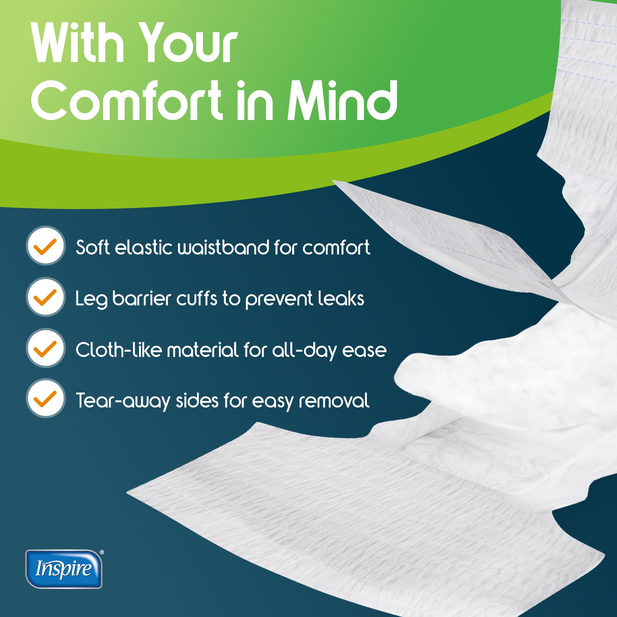 Inspire adult diapers cloth-like material close-up emphasizes comfortable, breathable wear