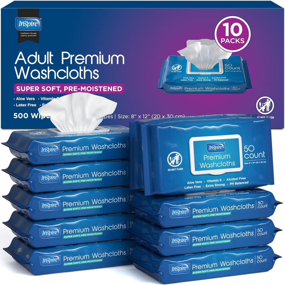Inspire adult wipes with 8x12 bath coverage for easy cleansing and refreshment