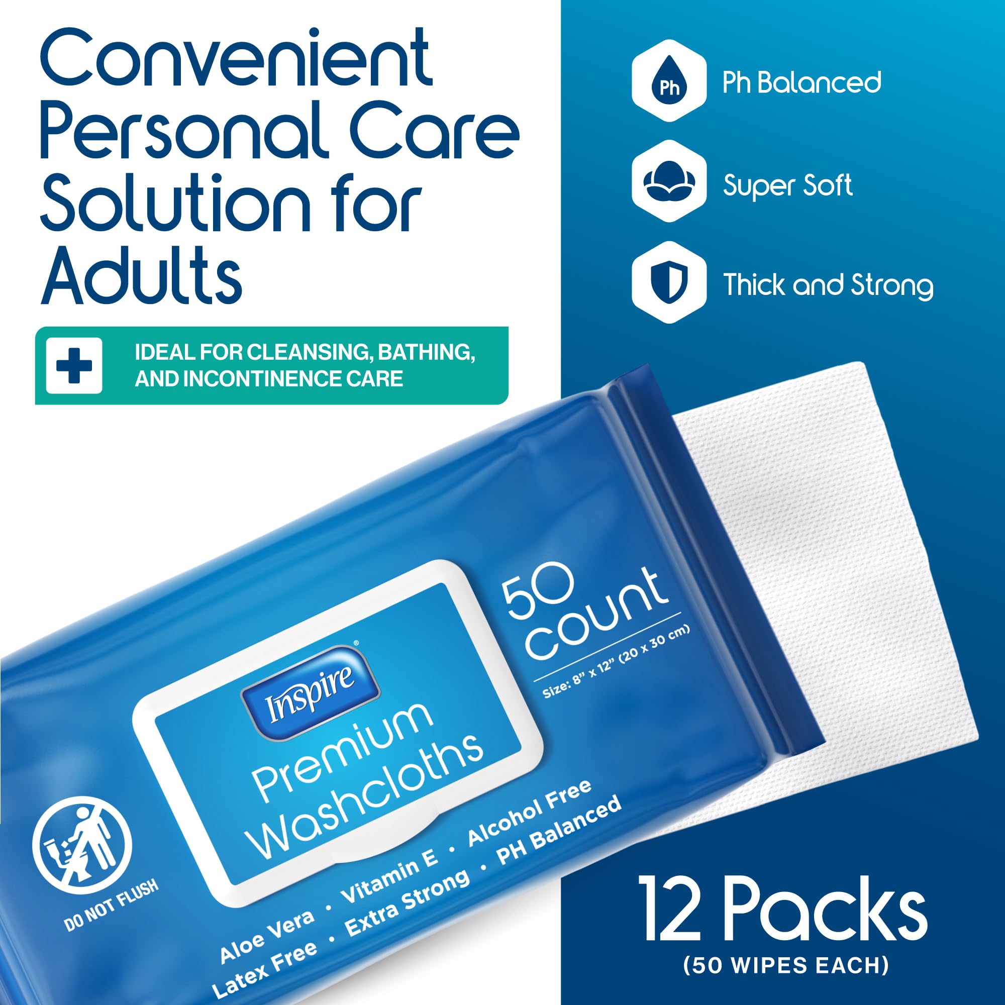Inspire aloe vera and vitamin E wipe emphasizing skin-friendly formula.