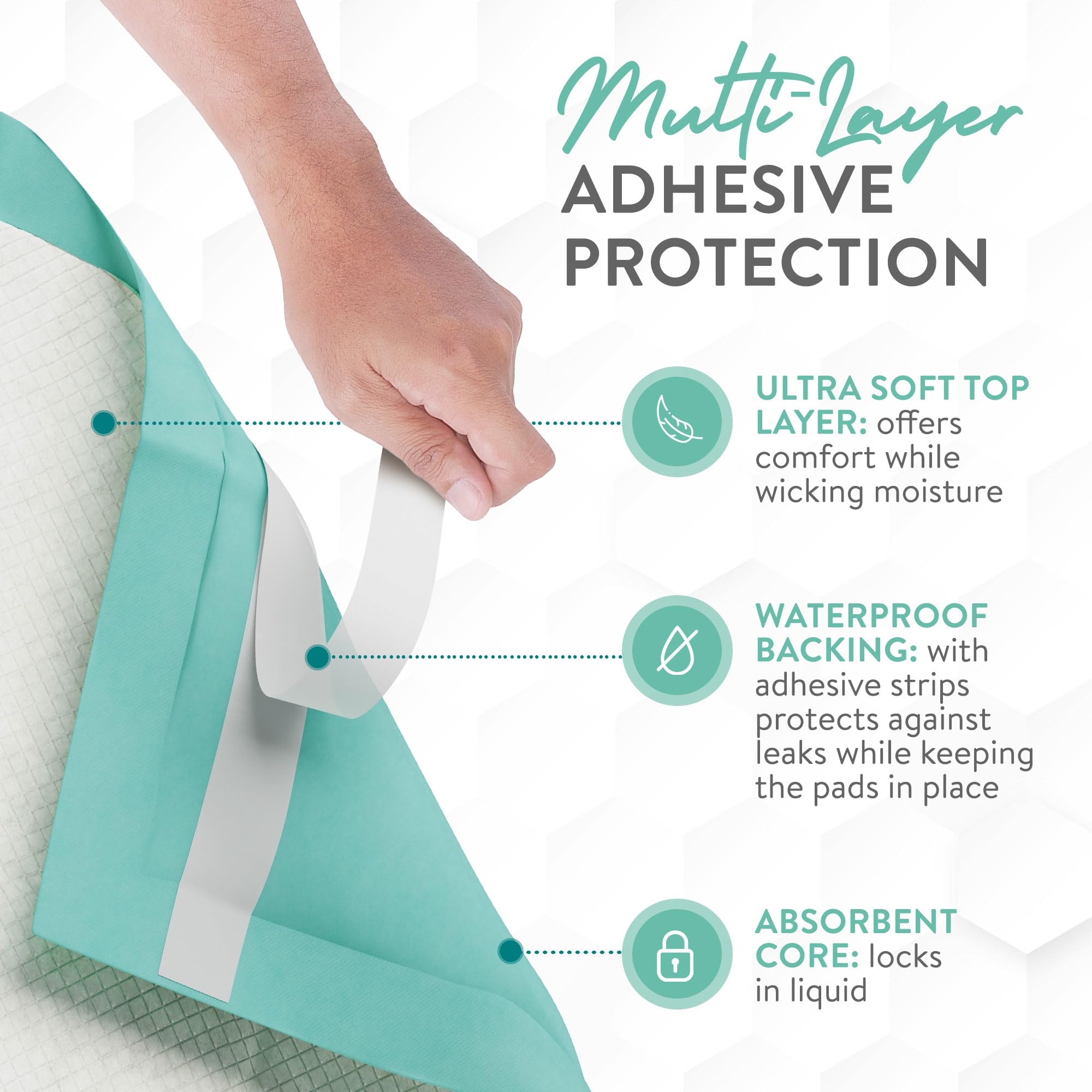 Inspire bed pad adhesive-strip demonstrates secure positioning on sheets for mess-free nights.