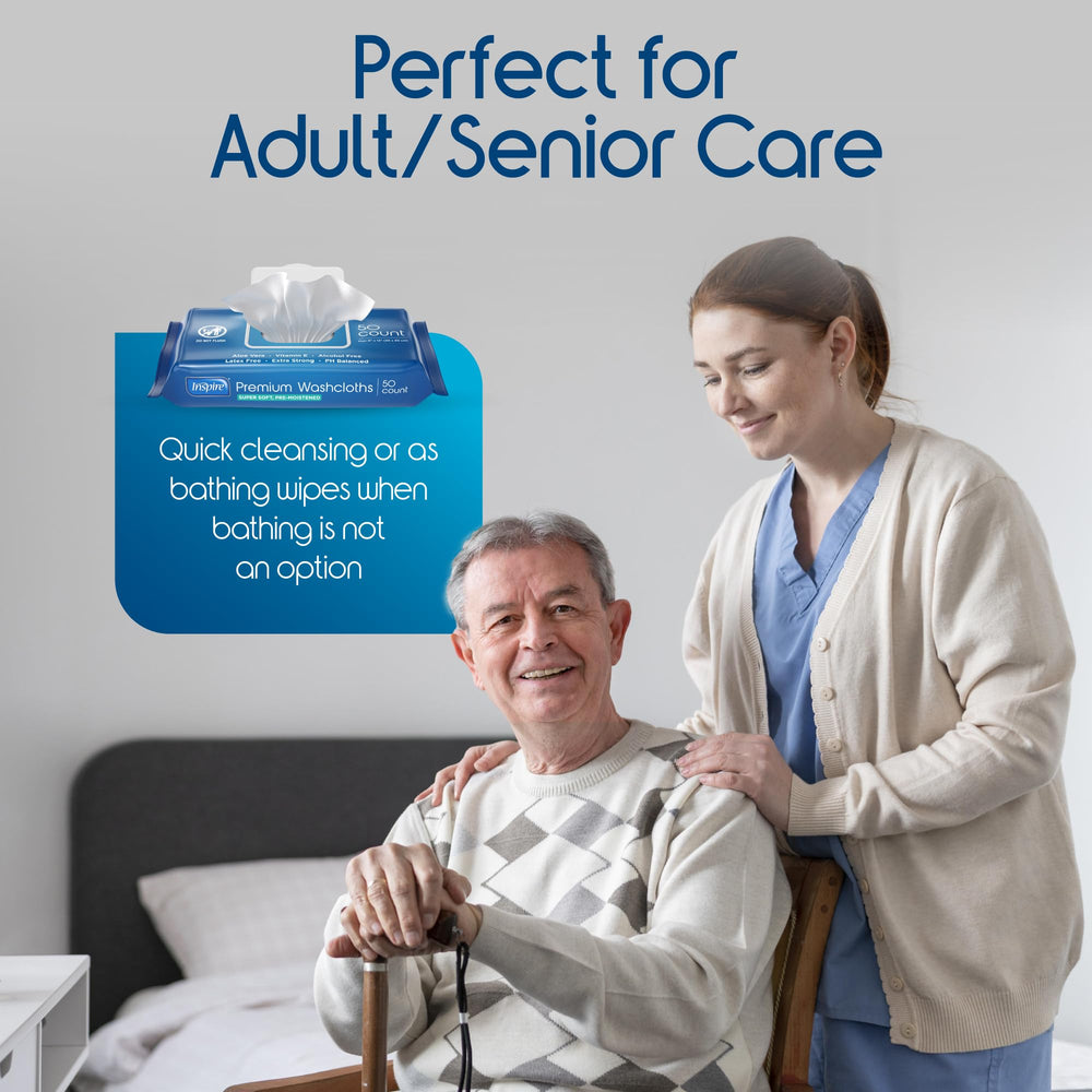 Inspire caregiver-focused wipes shown for senior care scenarios.