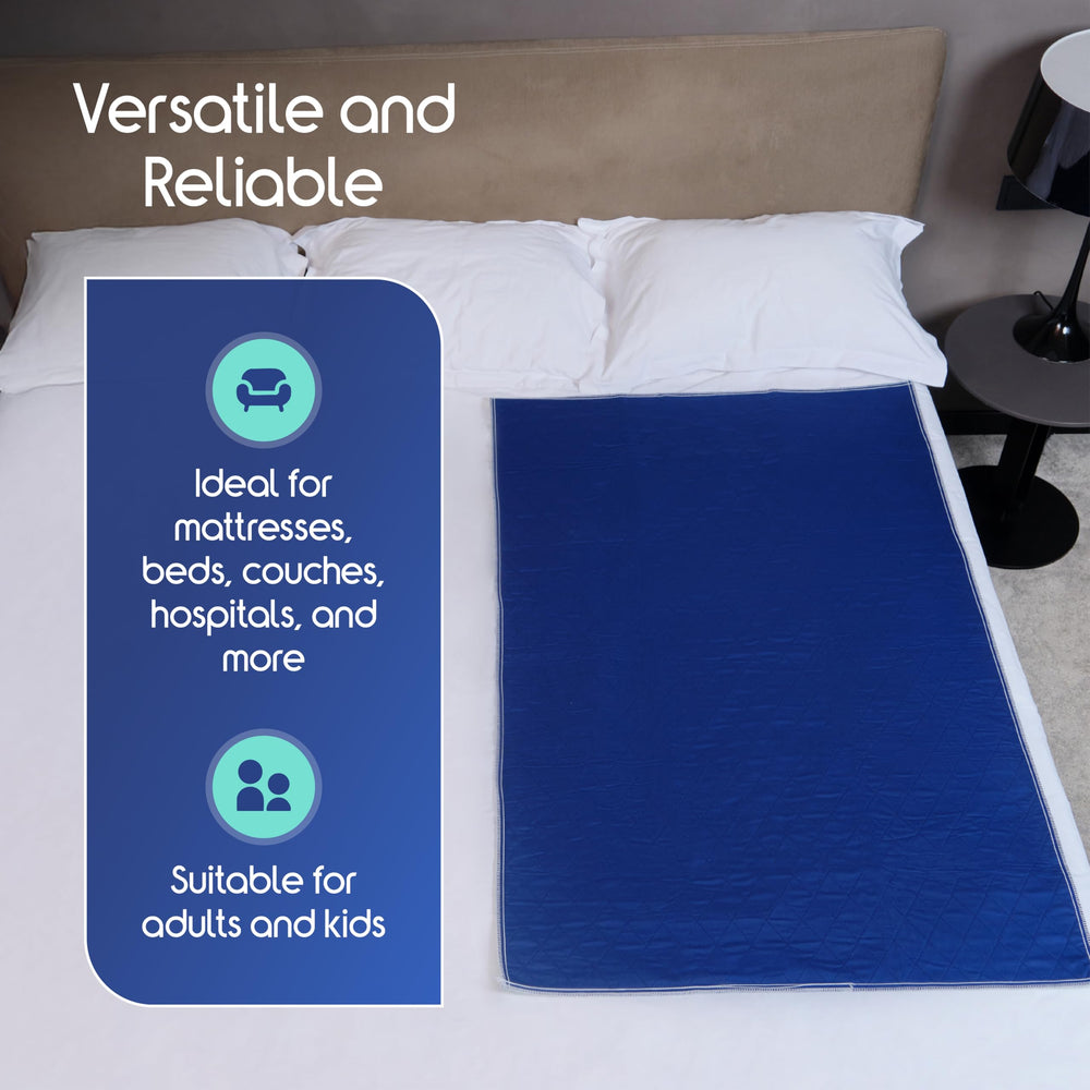 Inspire dark navy waterproof mattress protector on bed demonstrating full mattress coverage.