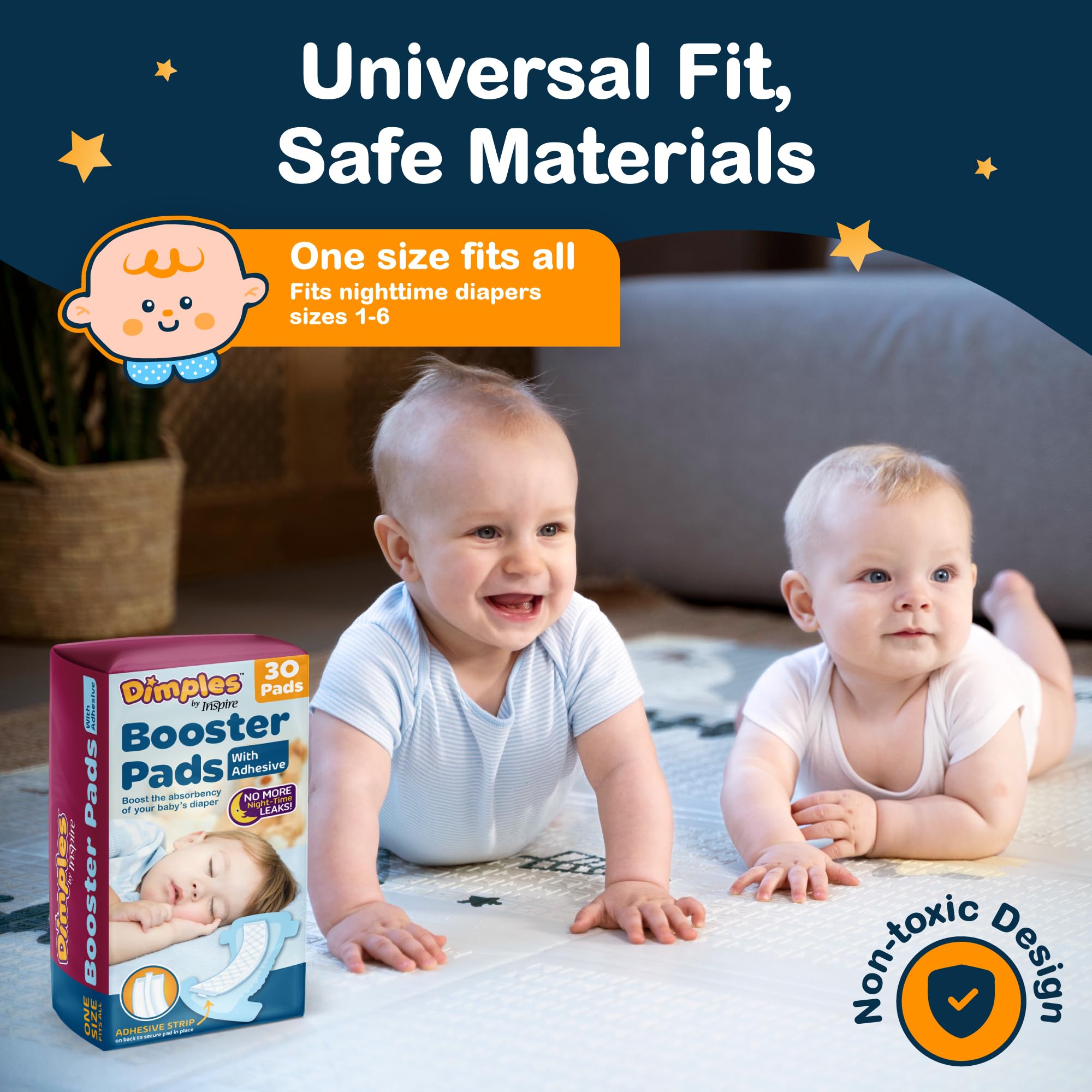 Inspire Dimples Booster Pads add overnight absorbency when placed inside the diaper.