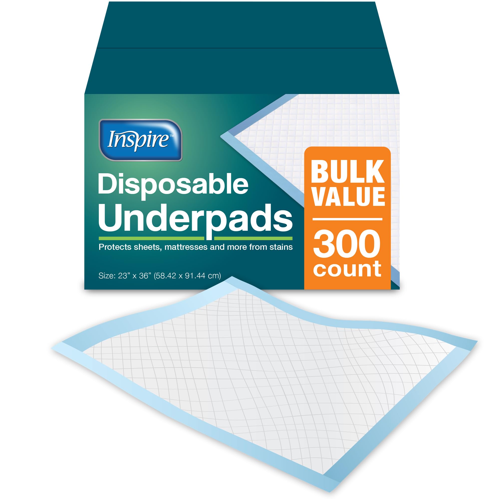 Inspire disposable Chux Underpads 23x36, bulk pack for everyday protection.