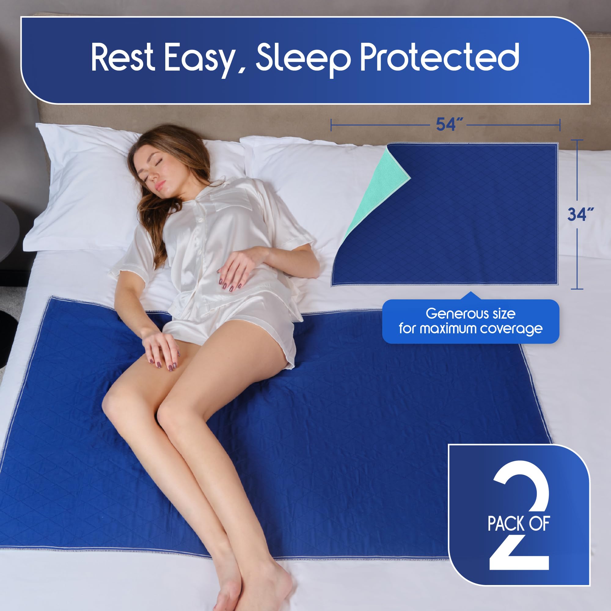 Inspire extra-large bed pad 34 x 54 keeps surfaces clean.
