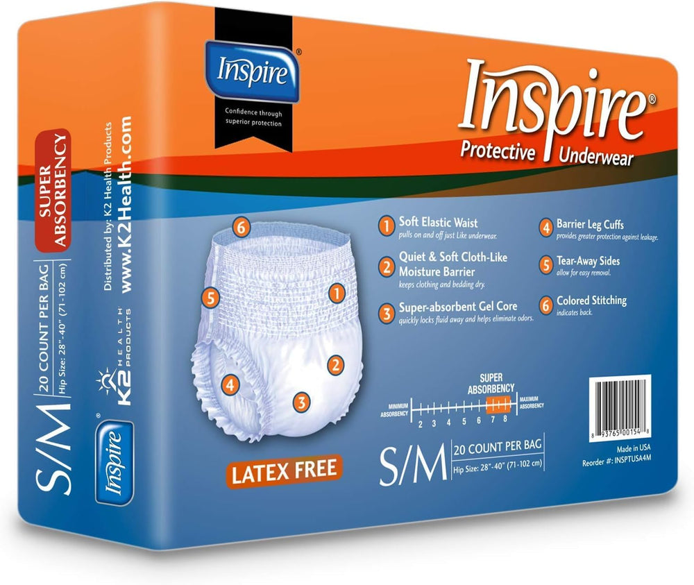 Inspire Protective Underwear discreet packaging showing four bags of 20 each