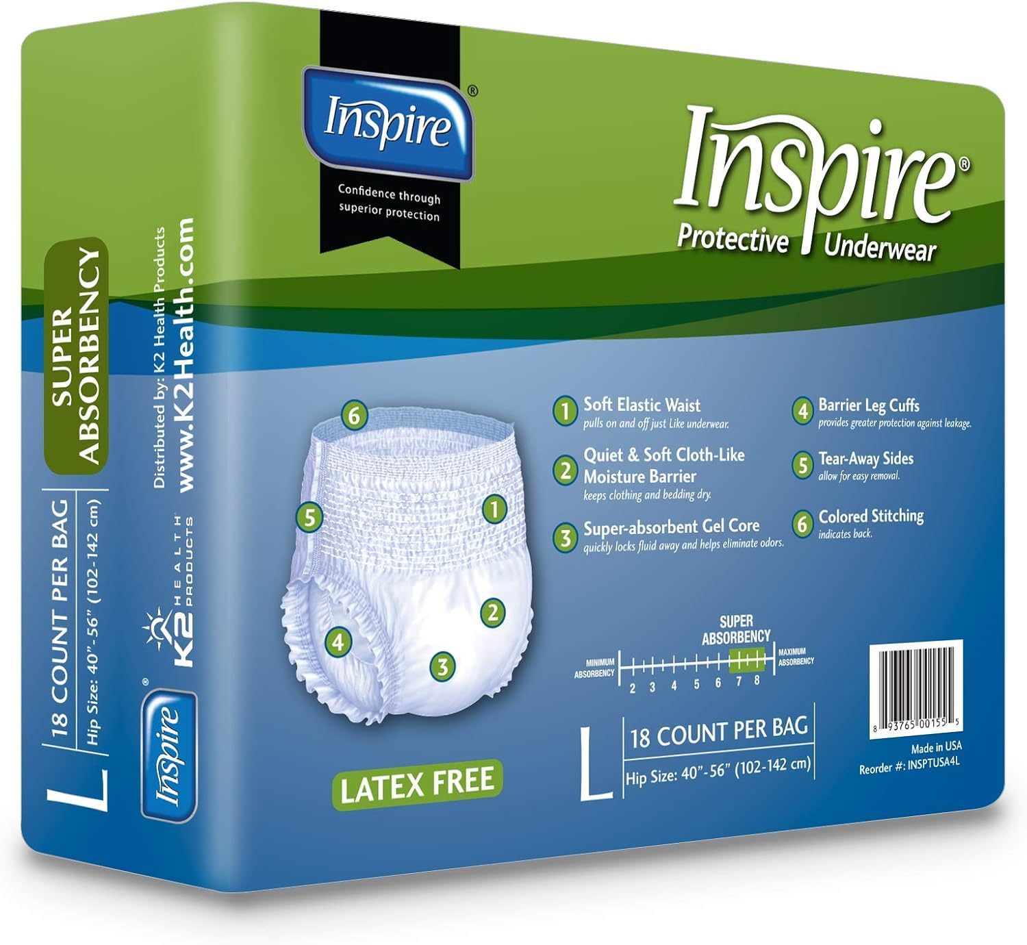 Inspire Protective Underwear large size fits hips 40 to 56 inches.