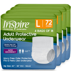 Inspire Protective Underwear packaging shows a 72-total bundle for easy stocking.