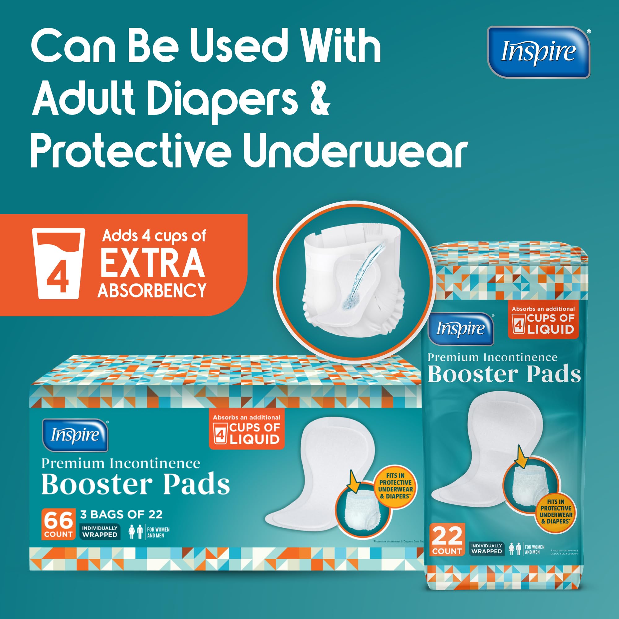 Inspire Ultra Booster Pad compatible with disposable diapers and underwear.