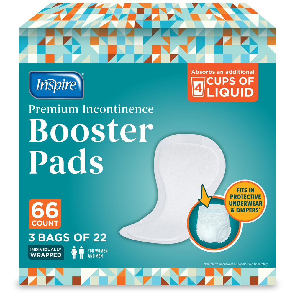 Inspire Ultra Booster Pad with adhesive strip securely placed in incontinence underwear for stability.