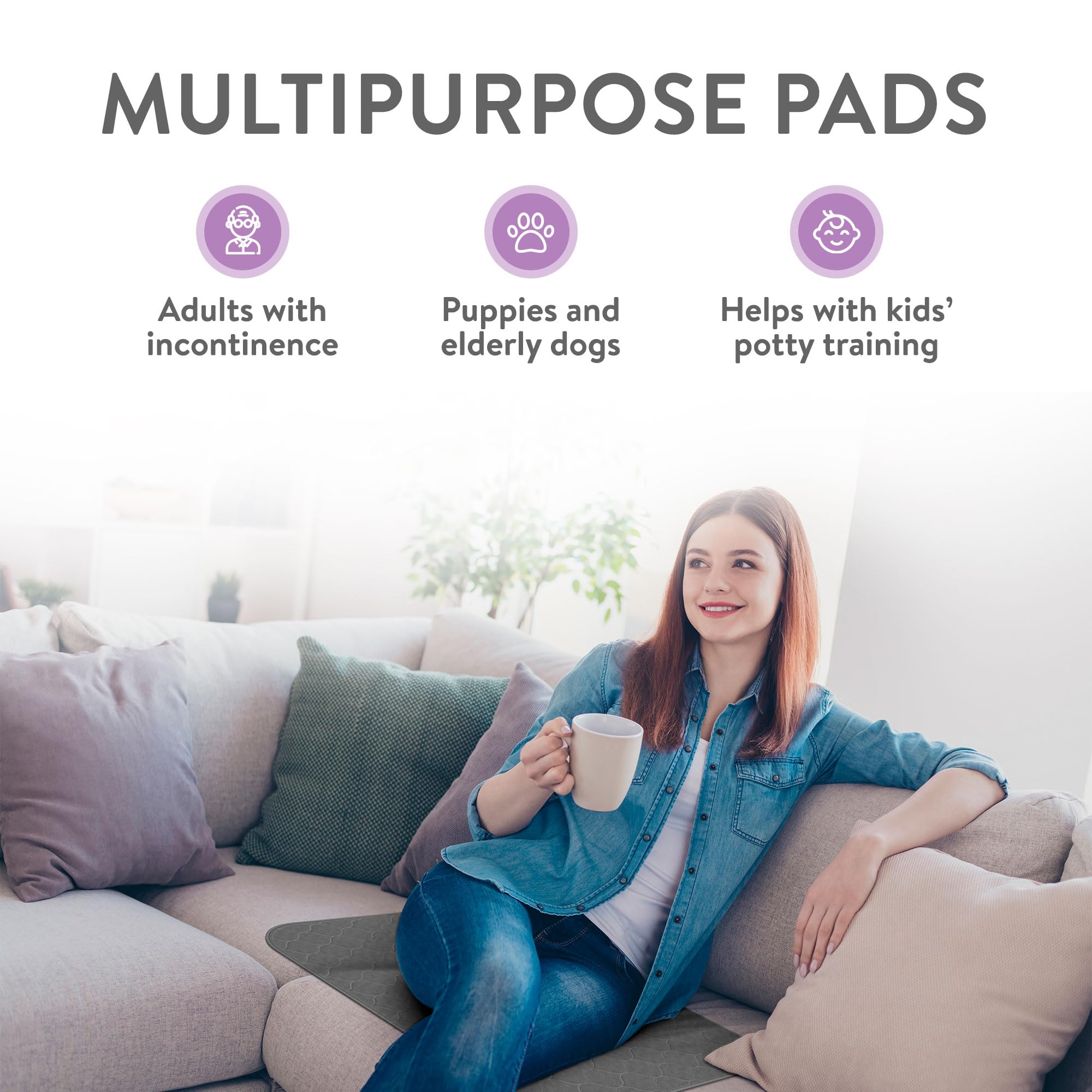 Inspire Underpads stain-hiding gray fabric helps conceal accidents on furniture.