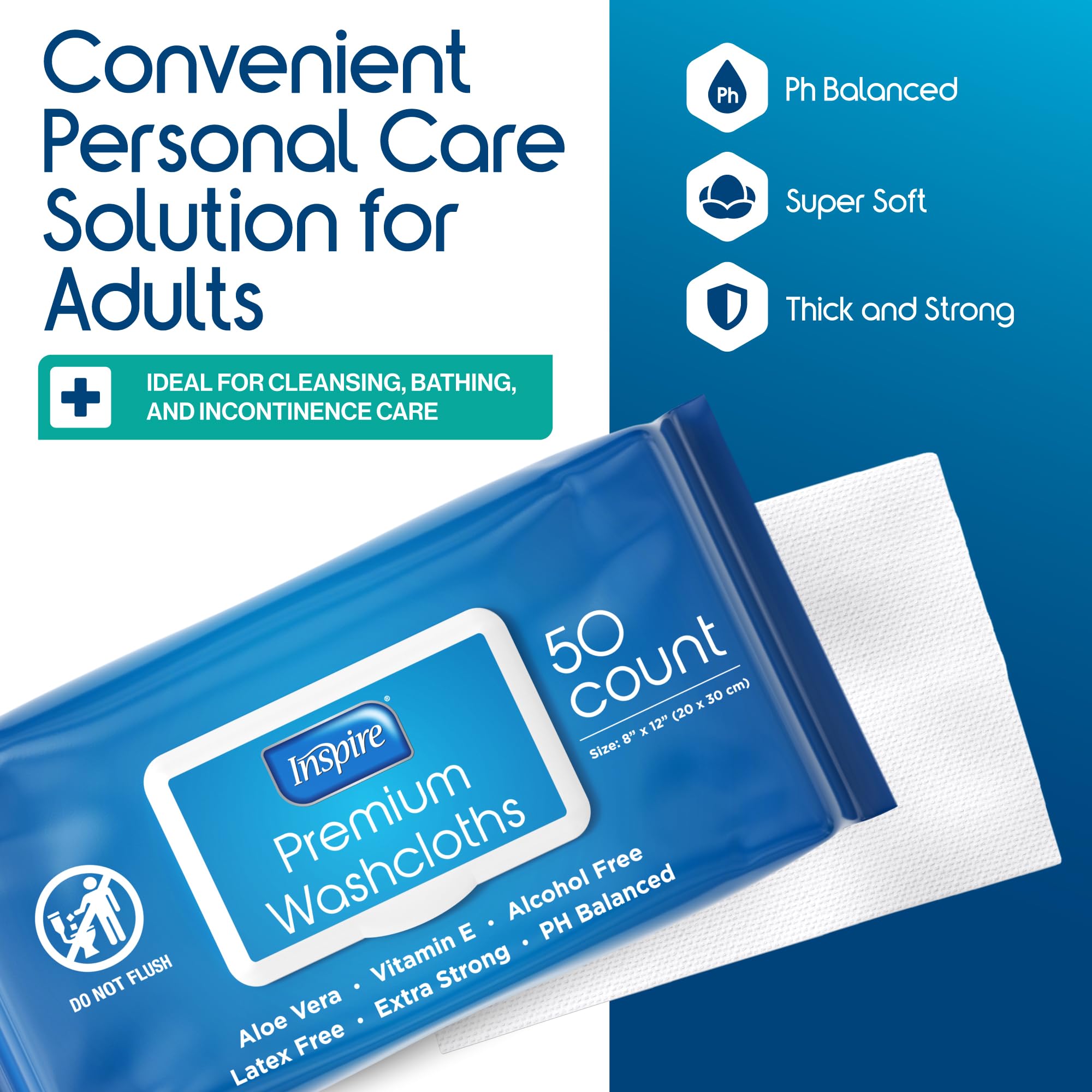 Inspire hypoallergenic 8x12 wipes for gentle skin cleansing.