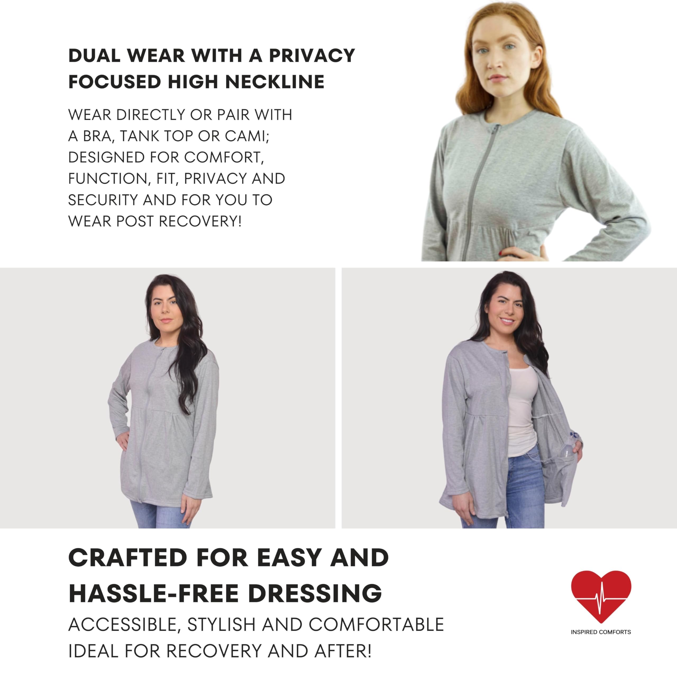 Inspired Comforts mastectomy shirt with hook-and-loop fasteners keeps drains secure