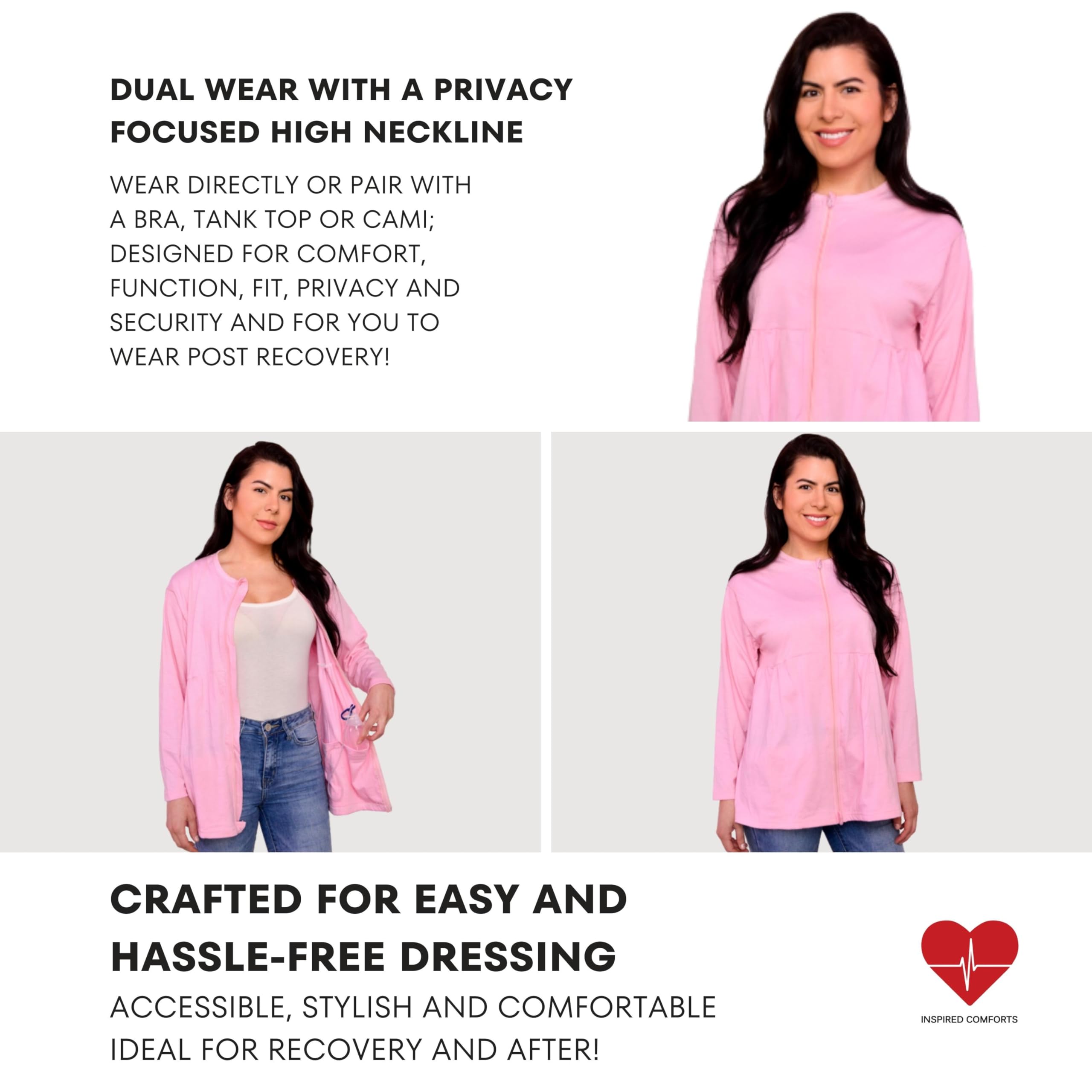 Internal drainage tube fasteners on Inspired Comforts Mastectomy Shirt securing tubes